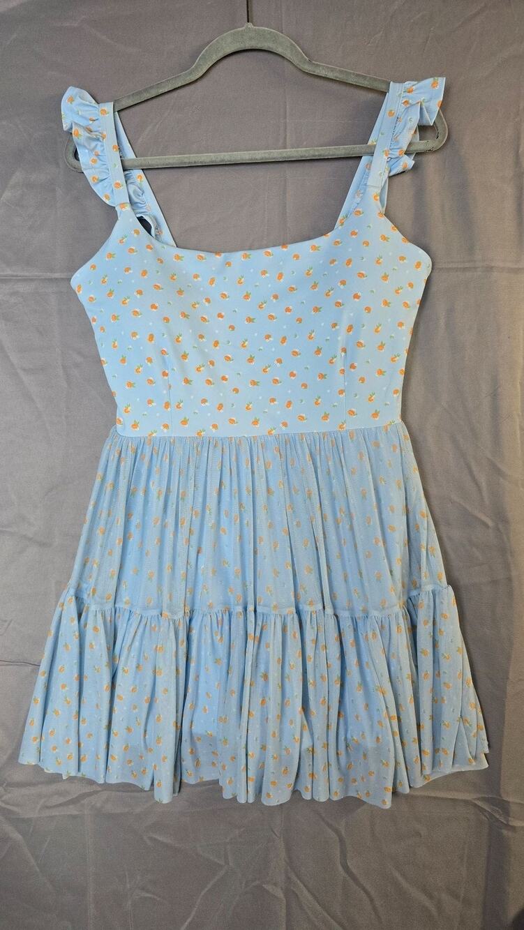 Blogilates Dress Womens XL Blue Fruit Print Square Neck Ruffle Strap Sundress